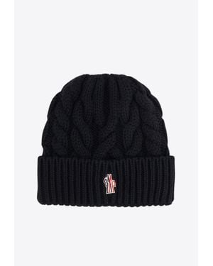 Moncler Cable Knit Wool Logo Beanie - Blue
