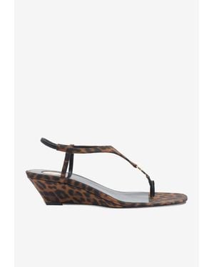 Saint Laurent Cassandre 40 Leopard Print Wedge Sandals - Brown