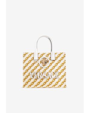 Versace Small La Medusa Chain Stripes Tote Bag - White