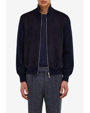 Ferragamo Suede-Panel Zip-Up Jacket With Knit Sleeves - Blue