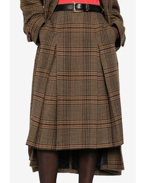 Saint Laurent Pleated Check Knee-Length Skirt - Brown