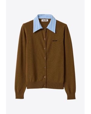 Miu Miu Cashmere Cardigan With Detachable Stripe Collar - Brown