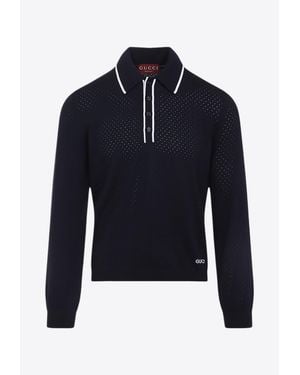 Gucci Perforated Wool Polo Sweater - Blue