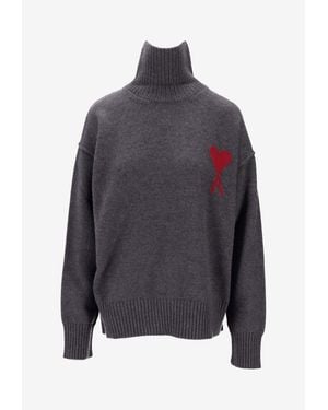 Ami Paris Ami De Coeur High-Neck Sweater - Gray
