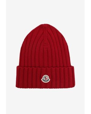 Moncler Logo Patch Knitted Wool Beanie - Red