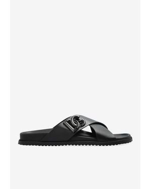 Dolce & Gabbana Logo-Appliqué Leather Slides - White