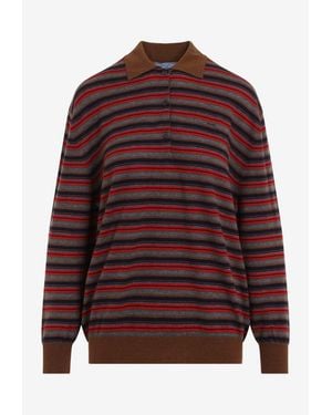 Prada Striped Cashmere Polo Sweater - Red