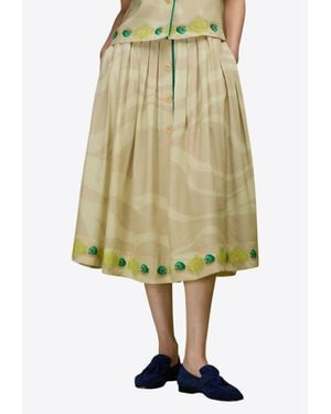 LOVE Binetti Ren Printed Silk Midi Skirt - Green