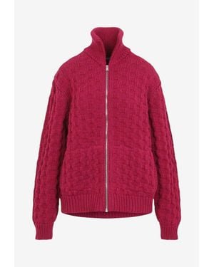 Prada Cable-Knit Wool Zip-Up Cardigan - Red
