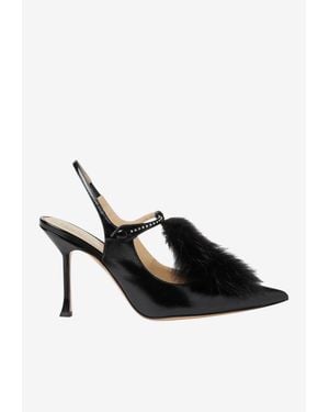 Fendi 95 T-Strap Leather Slingback Pumps With Fox Fur - Black