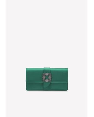 Manolo Blahnik Capri Crystal Embellished Buckle Satin Clutch - Green