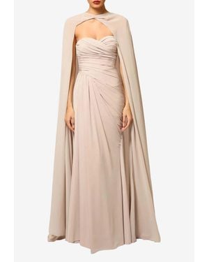 ZEENA ZAKI Strapless Ruched Gown With Cape - Natural