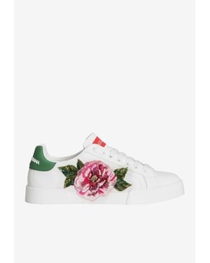 Dolce & Gabbana Portofino Floral Print Leather Sneakers - White