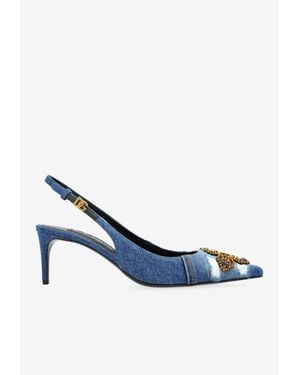Dolce & Gabbana Lollo 60 Denim Patchwork Slingback Court Shoes - Blue