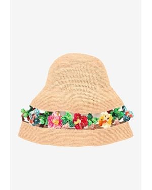 Alanui Sea Nomad Floral Appliqué Raffia Hat - White