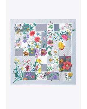 Gucci Floral Print Silk Twill Scarf - Gray