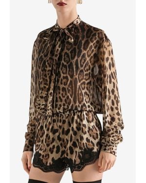 Dolce & Gabbana Leopard Print Tie-Collar Blouse - Brown