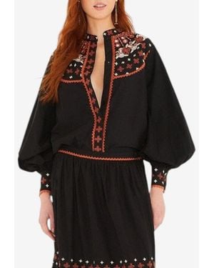 FARM Rio Embroidered Buttoned Blouse - Black