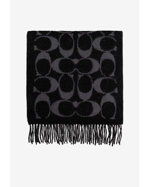 COACH Monogram Fringed Wool Scarf - Black