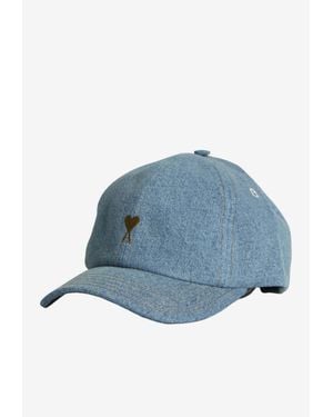Ami Paris Ami De Coeur Washed Denim Baseball Cap - Blue