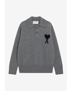 Ami Paris Ami De Coeur Wool Polo Sweater - Gray