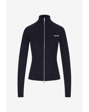 Miu Miu Ribbed Zip-Up Logo Cardigan - Blue