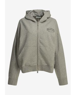 Ganni Logo Zip-Up Hooded Sweatshirt - Grey