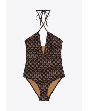 Celine Triomphe Monogram One-Piece Swimsuit - Brown