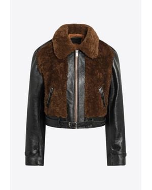 Prada Belted Shearling-Trimmed Leather Jacket - Brown