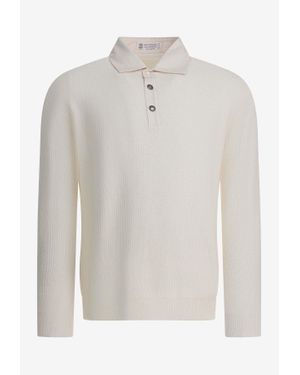 Brunello Cucinelli Ribbed Knit Cashmere Polo T-Shirt - White