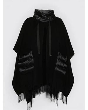 Herno Poncho Nero Con Cappuccio E Frange