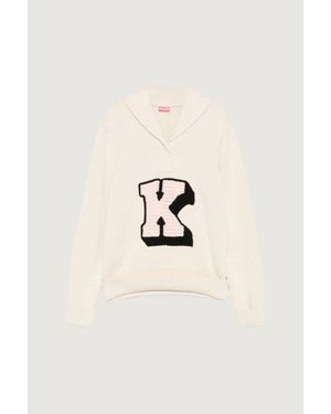 KENZO Maglione Ecru Con Grafica Frontale - Neutro