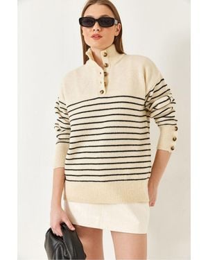 Bianco Lucci Knopfkragen Gestreifter Strickpullover - Natur