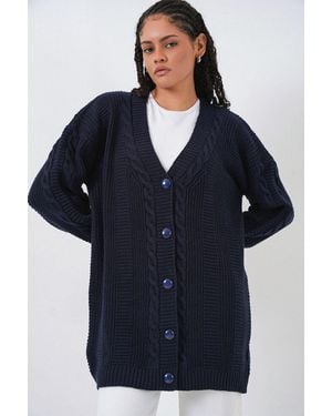 Bigdart Knopfverschluss V-Ausschnitt Jacquard-Strickjacke - Blau