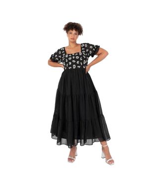 Lovedrobe Midikleid Für Damen, Eckiger Ausschnitt, Kurzärmlig - Schwarz