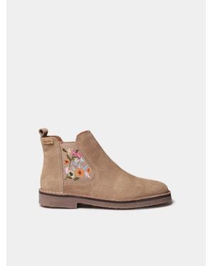 Toni Pons Split Leather Ankle Boot With Floral Embroidery For - Natural
