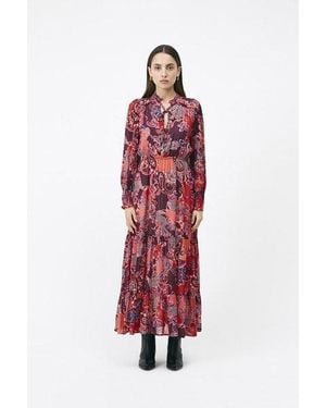 Suncoo Cipri Plum Floral Paisley Print Long Fluid Dress - Red