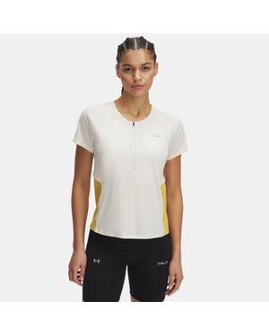 Under Armour Haut Zippé À Manches Courtes Trail Run Pour Femme Calcul Noble Or Réfléchissant - Blanc