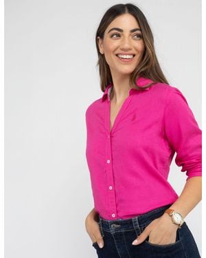 U.S. POLO ASSN. Water Floral Linen Roll Sleeve Shirt - Pink