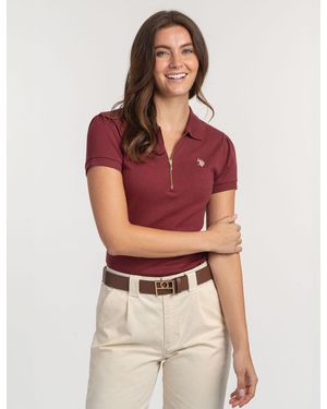 U.S. POLO ASSN. Half Zip Puff Sleeve Heather Polo Shirt - Red