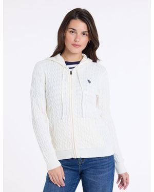 U.S. POLO ASSN. Full Zip Cable Sweater - White