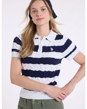 U.S. POLO ASSN. Striped Henley Cable Sweater Polo Shirt - Blue