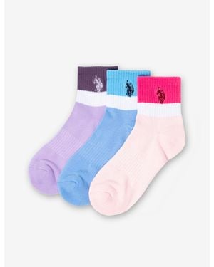 U.S. POLO ASSN. Ladies 3Pk Tri Color Assorted Quarter Crew Socks - Blue
