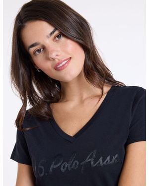 U.S. POLO ASSN. Shiny Sateen Print V-Neck T-Shirt - Blue
