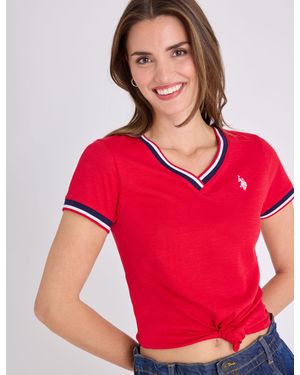 U.S. POLO ASSN. V-Neck Signature Stripe Trim T-Shirt - Red