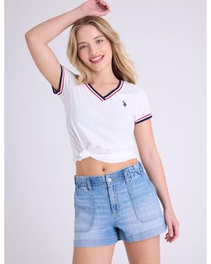 U.S. POLO ASSN. V-Neck Signature Stripe Trim T-Shirt - White