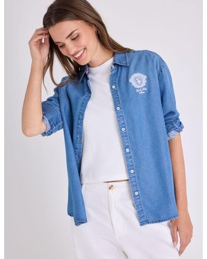 U.S. POLO ASSN. Long Sleeve Oversized Denim Shirt With Crest - Blue