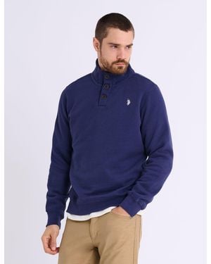U.S. POLO ASSN. Peached Fleece Button Mock Neck Pullover - Blue