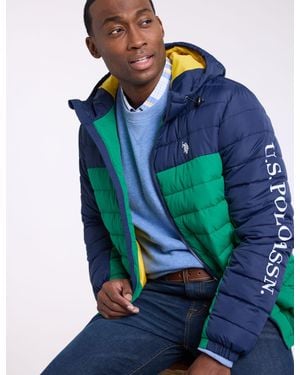 U.S. POLO ASSN. Colorblock Wordmark Hooded Puffer Jacket - Blue