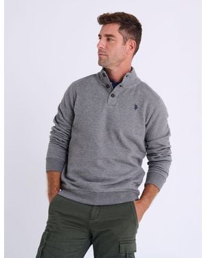 U.S. POLO ASSN. Peached Fleece Button Mock Neck Pullover - Gray